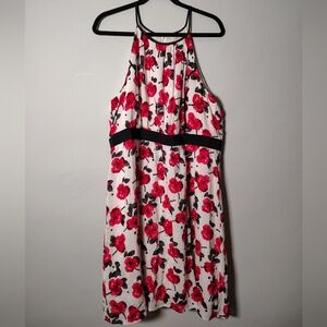 LOFT Midi Spaghetti Strap Sundress W/ Red Floral Print On White Background Sz 16